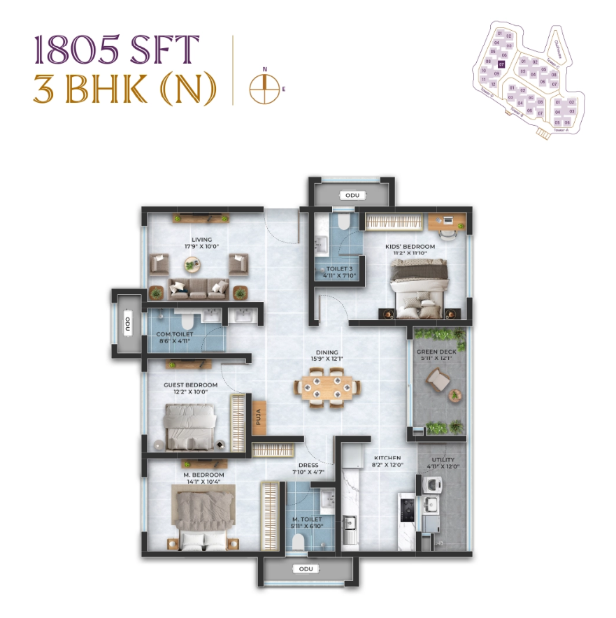 3 BHK floor plan