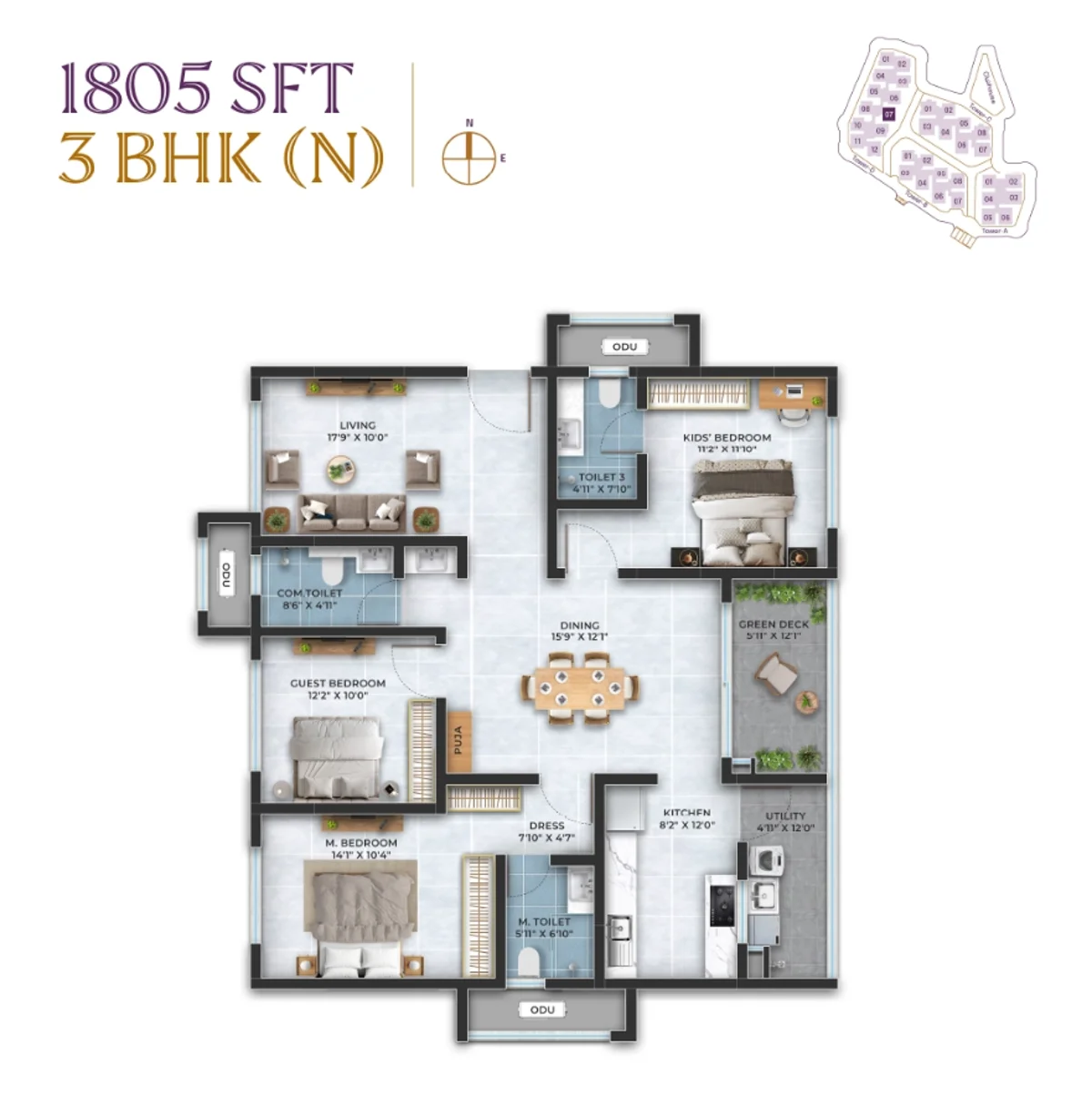 3 BHK floor plan