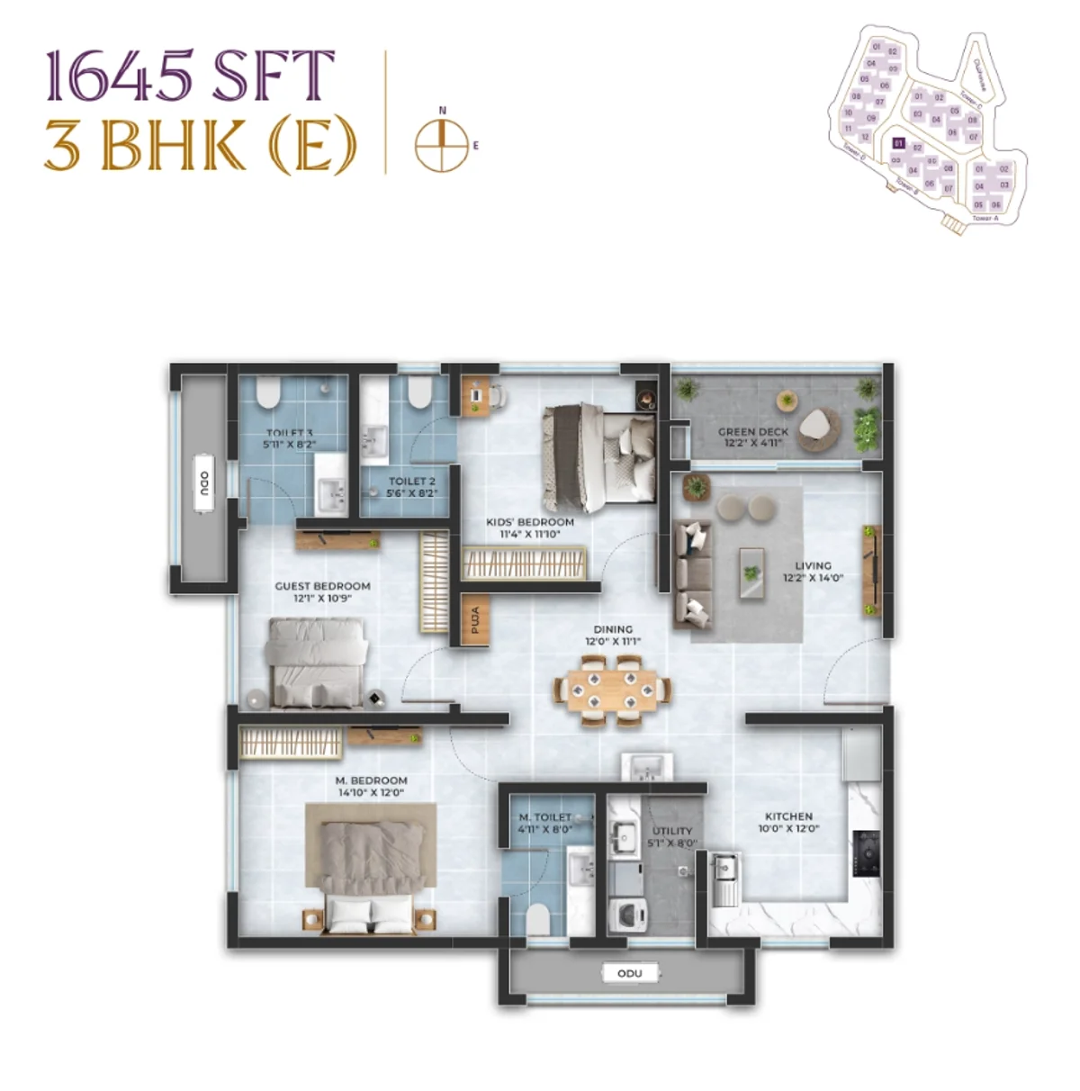 3 BHK floor plan