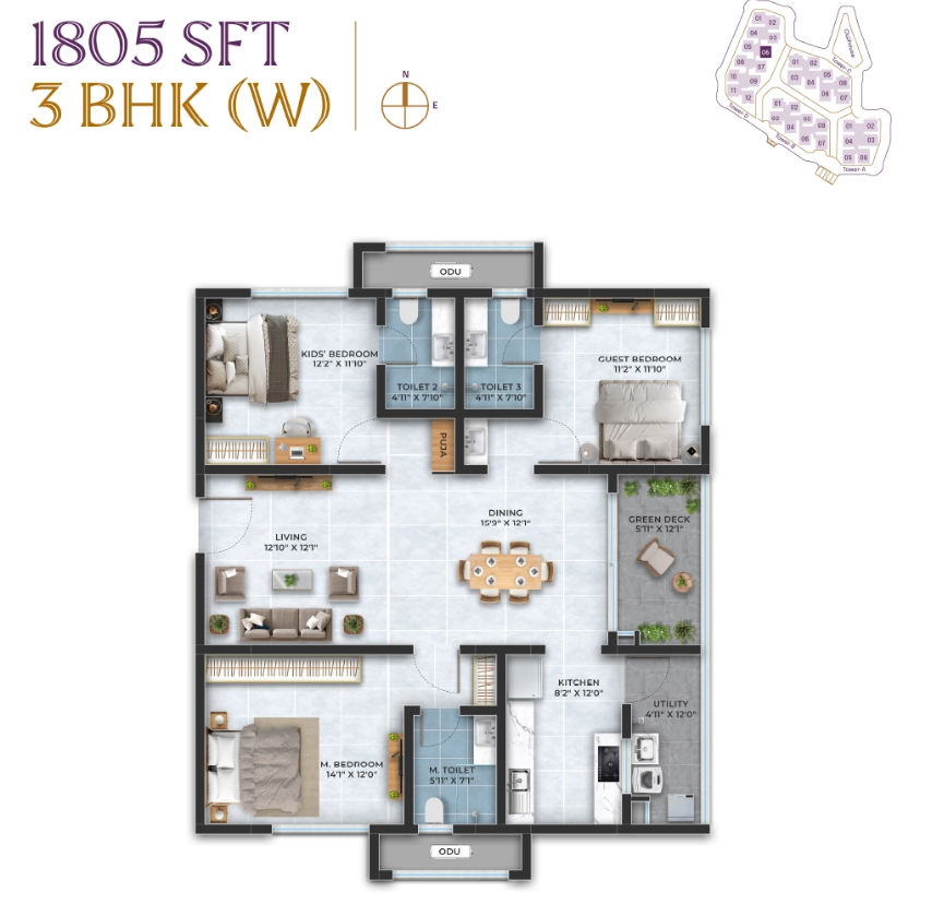 3 BHK floor plan